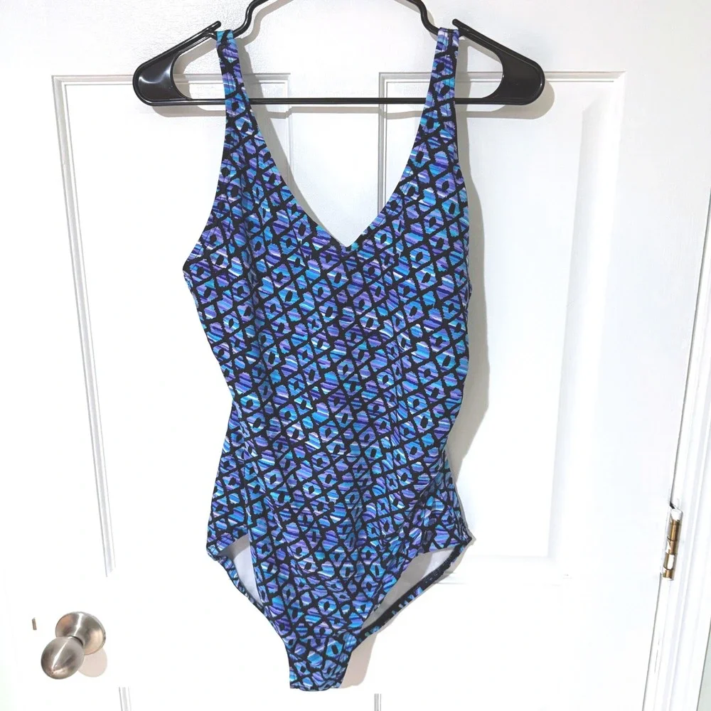 Speedo Womens Geometric Print One Piece Swimsuit Blue Purple V-Neck Size 16